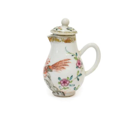 A Chinese Porcelain Sparrow Beak Jug and Cover, Yongzheng, painted in famille rose enamels with a pheasant amongst foliage an