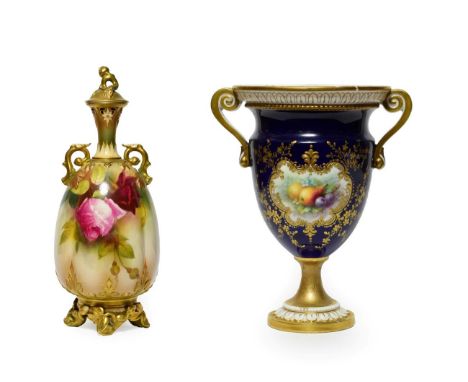 A Royal Worcester Porcelain Vase and Cover, circa 1905, of fluted baluster form with scroll handles and finial, painted with 
