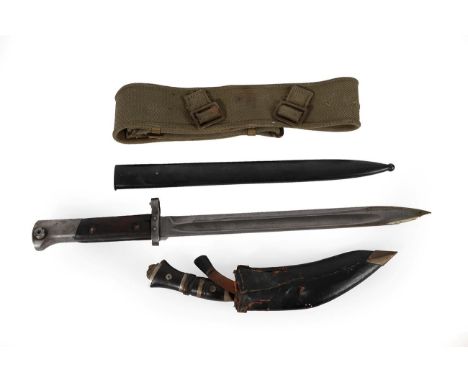 A First World War Mauser Bayonet and Scabbard, stamped CSZ/F, 45cm long; A Khaki Belt; and A Kukri and Scabbard (4)
