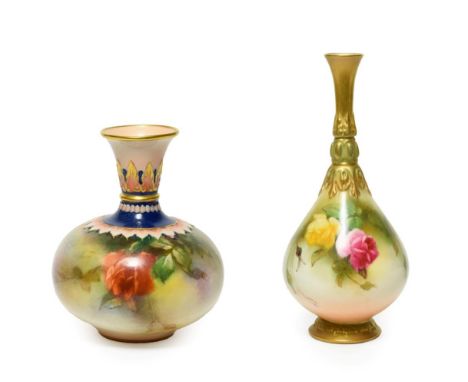 A Royal Worcester Hadley Ware Porcelain Bottle Vase, of ovoid form, painted with rose sprays beneath a leaf moulded and paint