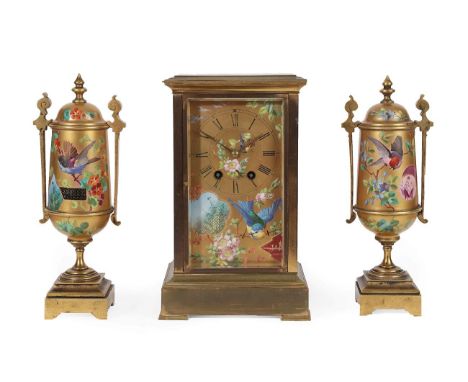 A Brass Porcelain Panelled Striking Mantel Clock Garniture, circa 1890, dial and side porcelain panels finely painted with bi