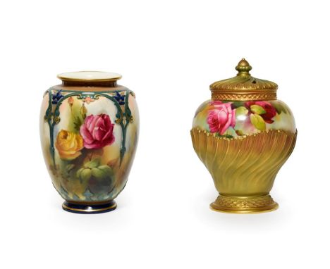 A Royal Worcester Hadley Ware Vase, 1905, of ovoid form, painted with roses within moulded, gilt and painted strapwork border