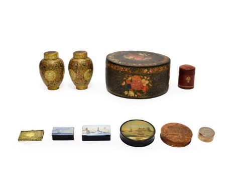 A French Pressed Burrwood Snuff Box and Cover, early 19th century, of circular form, decorated with VTE DU CORPS LEGISLATIF, 