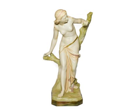 A Royal Worcester Porcelain Figure of The Bather Surprised, 1892, the standing figure loosely draped leaning against a tree s