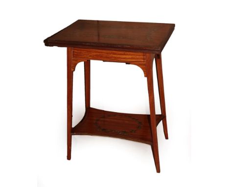 An Edwardian Satinwood and Polychrome Decorated Foldover Card Table, the hinged lid painted with flower garlands, on square t