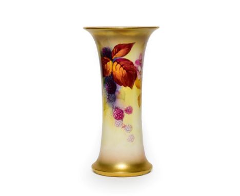 A Royal Worcester Porcelain Beaker Vase, by Kitty Blake, 1937, painted with fruiting blackberries within a gilt borders, sign