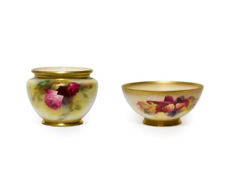 A Royal Worcester Porcelain Bowl, in the manner of Kitty Blake, 1928, painted with fruiting blackberries within gilt borders,