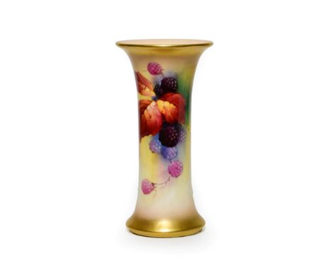 A Royal Worcester Porcelain Beaker Vase, by Kitty Blake, 1932, painted with fruiting blackberries within gilt line borders, s