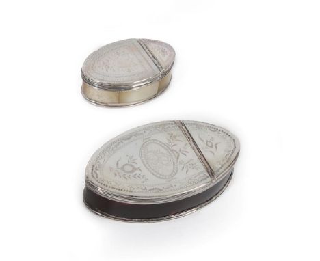 A George III White Metal Mounted, Mother-of-Pearl and Tortoiseshell Snuffbox and Hinged Cover, of navette shape, the hinged c