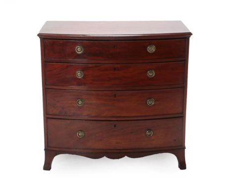 A George III Mahogany Bowfront Chest, late 18th century, the moulded top above four long graduated drawers, on splayed bracke