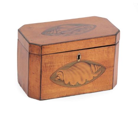 A George III Satinwood and Marquetry Tea Caddy, of canted rectangular form decorated with shell patera, containing two lidded