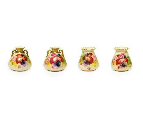 A Matched Pair of Royal Worcester Porcelain Vases, by Kitty Blake, 1930/1935, of fluted bag form, painted with blackberries a