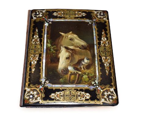 A Victorian Papier Mâché Desk Blotter, 19th century, of rectangular form, the cover painted with a scene of horses and pigeon