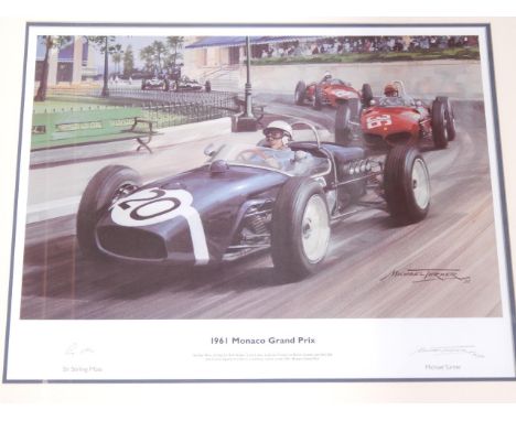 After Michael Turner.  1961 Monaco Grand Prix, limited edition colour print 86/4500, signed in pencil by artist and Sir Sterl