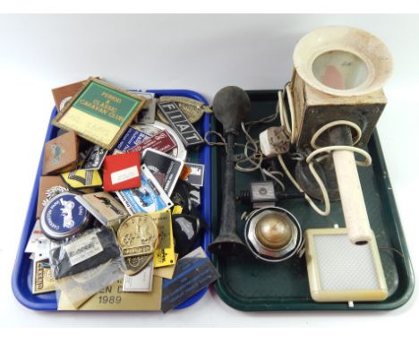 A car horn, compass, car badges, carriage lamp and sundries.