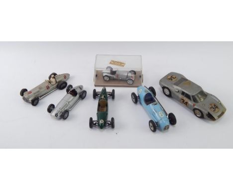 Two J & L R model racing cars, plastic, Porsche MRRC Mercedes racing car, Corgi die cast racing car and a further Mercedes ra