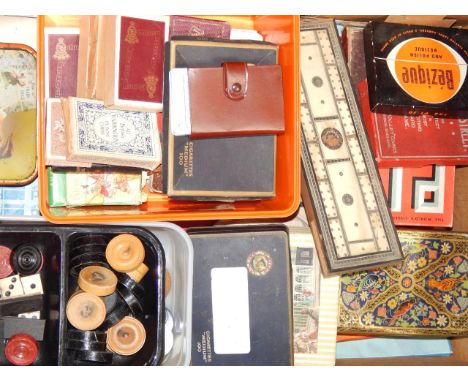 Vintage games including Bezique, two cribbage boards, chess set, dominoes, draughts, and playing cards, (qty).