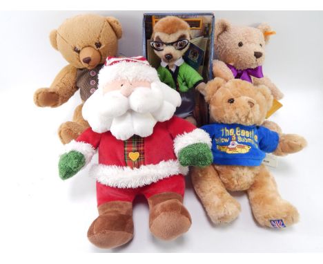 A Steiff 2016 bear, Silver Cross bear, Chad Valley Father Christmas, Yakov's Toy Shop Meerkats, Wombles, Hamleys Bears and su