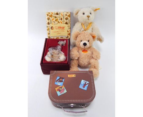 A Steiff Millennium Bear for Danbury Mint, Enesco Steiff 2000 copy of a 1990 Blond Bear and a 1938 Brown Bear on wheels pewte