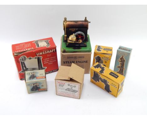 Signalling Equipment Ltd mid 20thC model machine tools, boxed, comprising lineshaft, lathe, milling machine, drilling circula