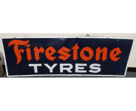A mid 20thC Firestone tyres enamel sign, with wooden backing, 61cm x 180cm.