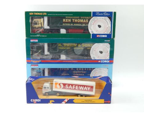 Corgi die cast lorries, boxed, comprising Man TGA curtainside Ken Thomas Ltd, DAF CF curtainsider, R Swain & Sons Ltd, Volvo 