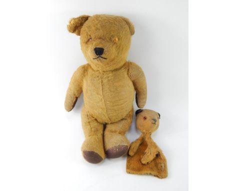 A golden mohair straw filled teddy bear, with brown leather pads, 46cm long, and a Chad Valley Sooty glove puppet, (2).