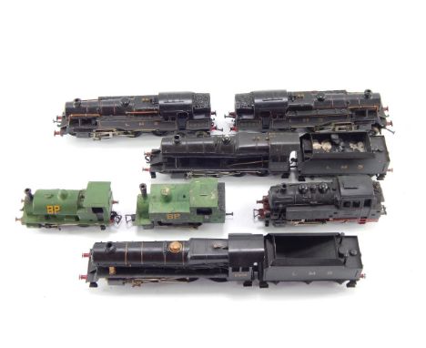 A Marklin dublo tank locomotive TM800, two BR locomotives, three Hornby LMS black livery locomotives and an S.R. Ltd LMS loco