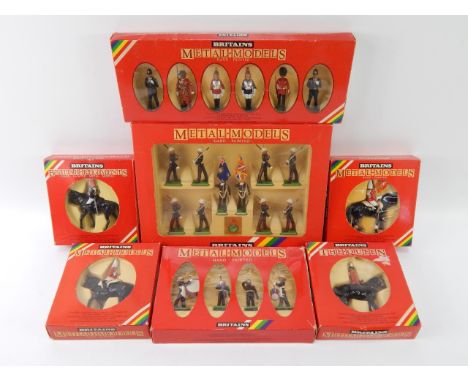 A Britains Royal Marine Colour Party 7202, Royal Marine Drum and Bugle 7203, five figure mixed set, 7248, Lifeguard Standard 