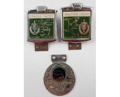 A chrome and enamel car badge for Mallory Park, and two later car badges for Brands Hatch and Oulton Park Racing Circuits, (3