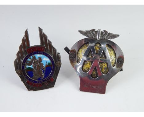 A St Christopher cast metal and enamel car badge, Safety and Courtesy, Regarde St, Christophe, Puis Va Ten Rassure, together 