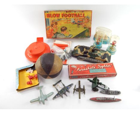 A tin plate camouflaged WWI tank, lead and die cast military figures, Corgi Magic Roundabout figures, Blow Football and sundr