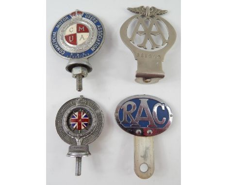 Four Motoring Club badges, comprising a Royal Automobile Associate badge having enamel circular Union Jack to centre, an oval
