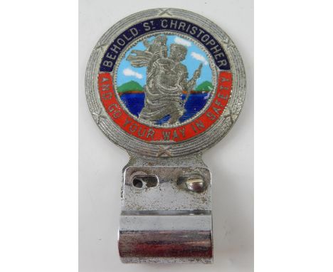 A St Christopher chrome and enamel car badge, 'Behold St Christopher and go your way in safety'.