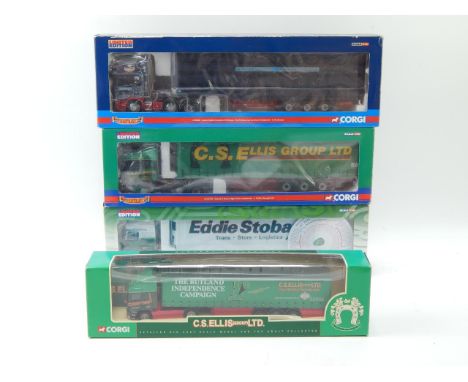 Corgi die cast lorries, boxed, comprising Scania R Series High Roof curtainside, C S Ellis Ltd, Mercedes Benz Actros Fridge T