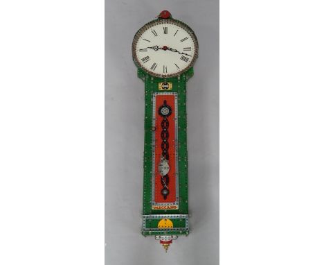 A Meccano wall clock, circular enamel dial bearing Roman numerals, green casing with red and silver trunk door, two train mov