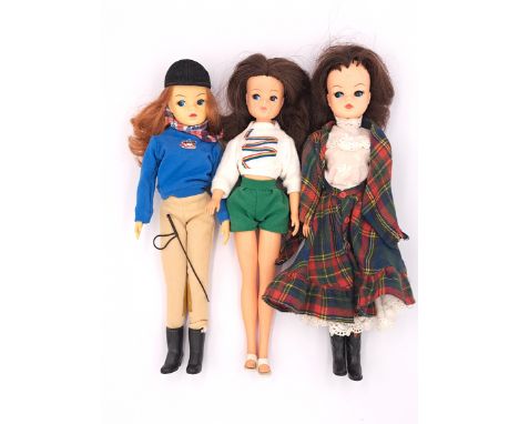Pedigree Sindy three vintage 1980s dolls, including: (1) 1985 Green Shorts and Top; (2) 1983 Pioneer Days; (3) 1984 Pony Club