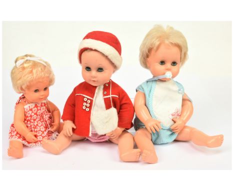 Palitoy Tiny Tears 16B vintage dolls (1965) x two and a Teeny Tiny Tears 12B (1970), wearing original clothing, Fair Plus to 