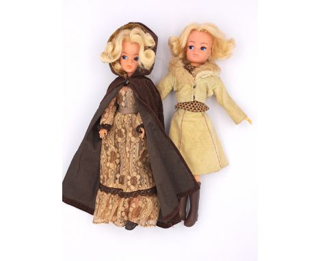 Pedigree Sindy pair of vintage 1970s dolls: (1) Sindy Gen 2 doll, blonde, wearing Premiere Girl 1979, ears are pierced, finge