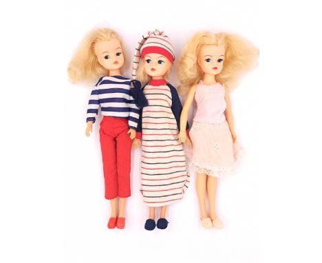 Pedigree Sindy three vintage 1980s dolls: (1) 1984 Pretty Pink; (2) 1984 Warm 'n' Cosy; (3) 1985 Trousers and Top; Fair Plus 