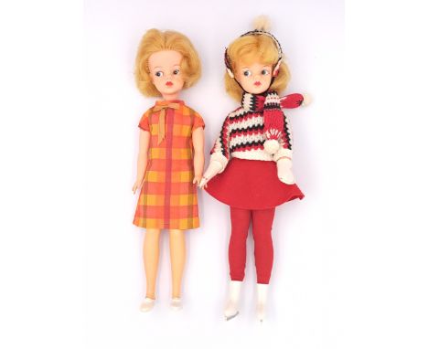 Pedigree Sindy pair of vintage dolls, blonde, 1963: (1) Skating Girl; (2) Summery Day; Good to Excellent; (2).&nbsp;