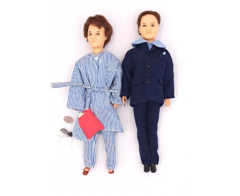 Pedigree Sindy Paul pair of vintage dolls, brunette rooted hair: (1) And So to Bed 1967, hair distressed; (2) London Look 196