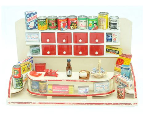 Children's vintage shop, wooden and hard plastic, 1950s /1960s, finished in cream and red, plus a quantity of wares, majority