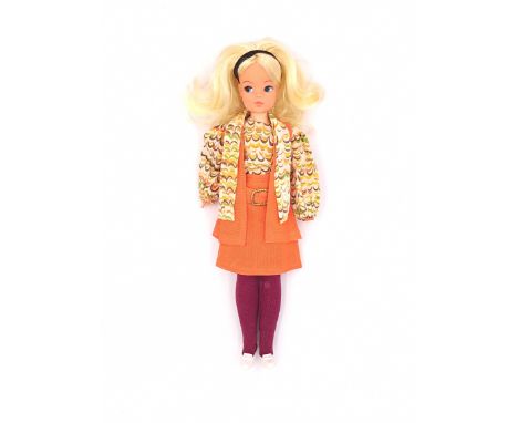 Pedigree Sindy Trendy Girl vintage doll, blonde re-root, wearing 1971 Mod Suit, Good to Good Plus.