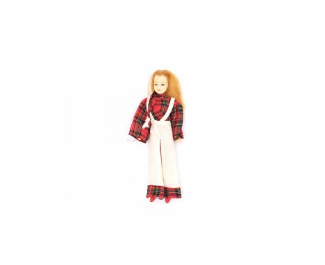 Palitoy Pippa vintage doll, 1970s, in 1976 Bay City Rollers, some hair plugs thinning, repair to left knee joint, red dye tra
