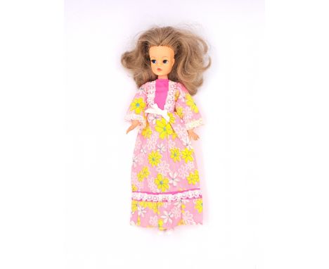 Pedigree Sindy Trendy Girl vintage doll, 1973, wearing Lounge Dress pink, ash blonde (some plugs missing), Good Plus to Excel