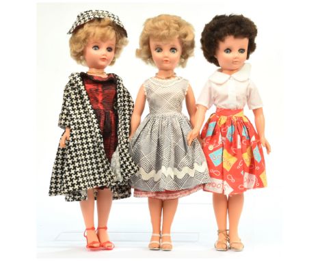 Pedigree teenage fashion vintage dolls x three, 1960s: (1) Marlene, 1961, honey blonde, 20"/51cm; (2) brunette, wearing Stop,