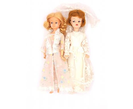 Debenhams Sindy and Camay vintage doll pair, similar to Sindy: (1) Debenhams Sindy, 1960s, auburn, wearing wedding dress; (2)