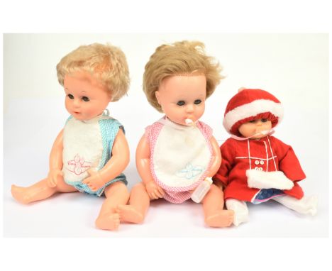 Palitoy Tiny Tears 16B vintage dolls (1965) x two and a Teeny Tiny Tears 12B (1970), wearing original clothing, Fair Plus to 