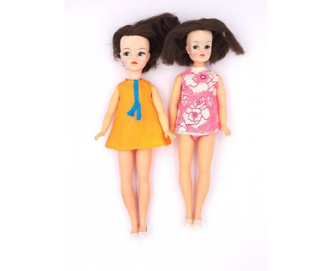 Pedigree Sindy pair of brunette centre part vintage dolls: (1) Sleep Tight, 1972, hair distressed, fingers are nibbled; (2) N